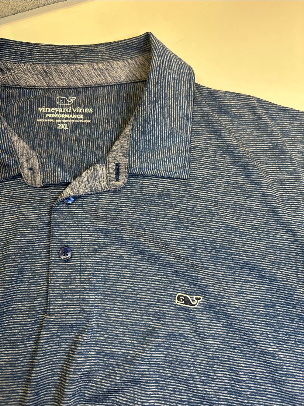 Vineyard Vines Performance Polo, Men's 2XL Blue White Striped Polyester Spandex